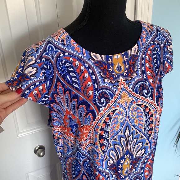 Liz Claiborne Size 12 Beautiful Blue & Orange Floral Paisley Short Sleeve Dress - Picture 2 of 7